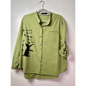 Gracila Woman's Long Sleeve Button Down 2XL Cat Butterfly Green Cute Grandmacore